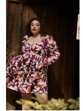 Eloquii Floral Mini Short Dress Purple Sweetheart Long Sleeve Plus Flowers 16